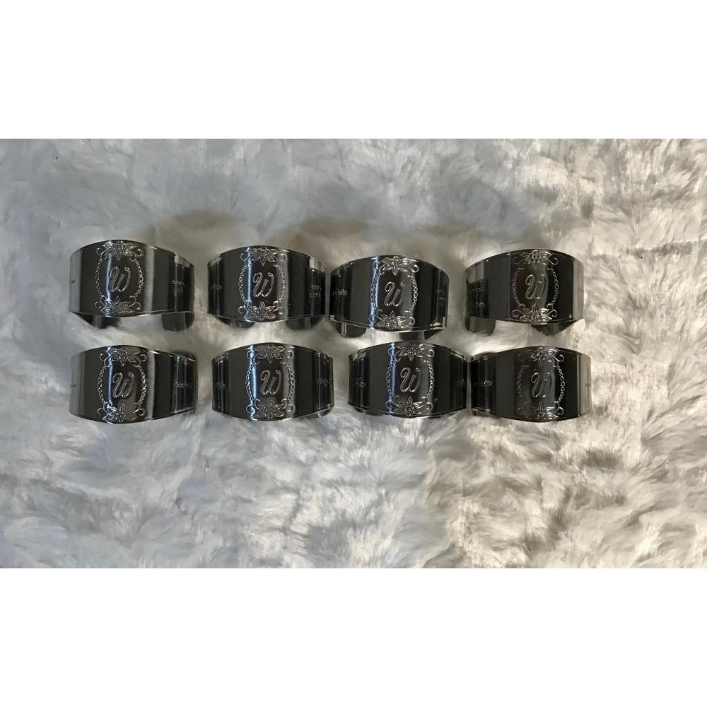 Custom Craft Monogrammed "W" Napkin Rings Stainless Steel (8) Classic Luxury